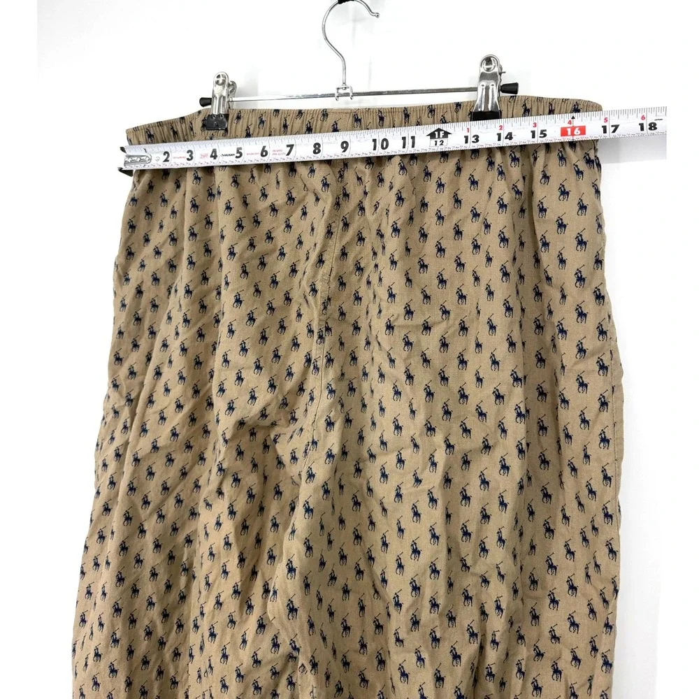 Polo Ralph Lauren Mens Pajama Pants Tan Navy Blue Pony All Over Print Cotton L